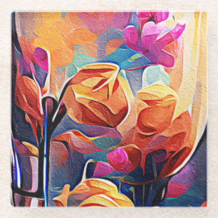 Floral Abstract Kunst Oranje Rode Blauwe Bloemen Glazen Onderzetter