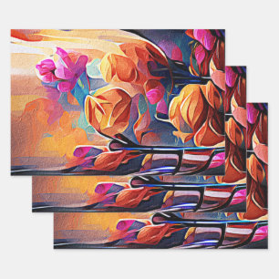 Floral Abstract Kunst Oranje Rode Blauwe Bloemen Inpakpapier Vel