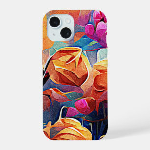 Floral Abstract Kunst Oranje Rode Blauwe Bloemen iPhone 15 Hoesje