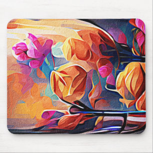 Floral Abstract Kunst Oranje Rode Blauwe Bloemen Muismat