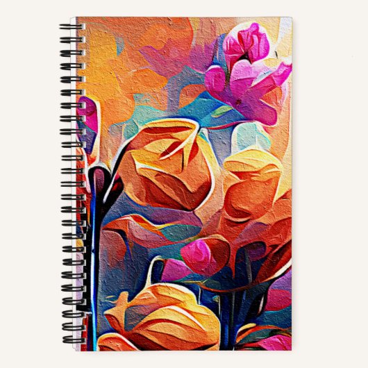 Floral Abstract Kunst Oranje Rode Blauwe Bloemen Notitieboek (Voorkant)