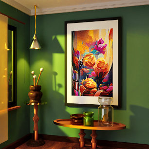 Floral Abstract Kunst Oranje Rode Blauwe Bloemen Poster