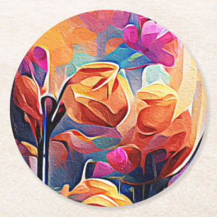 Floral Abstract Kunst Oranje Rode Blauwe Bloemen Ronde Kartonnen Onderzetter