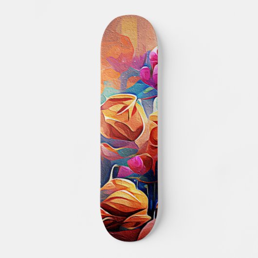 Floral Abstract Kunst Oranje Rode Blauwe Bloemen Skateboard (Voorkant)