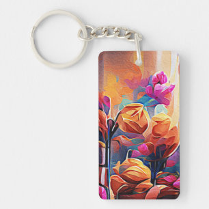 Floral Abstract Kunst Oranje Rode Blauwe Bloemen Sleutelhanger
