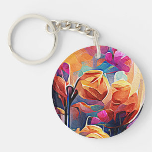 Floral Abstract Kunst Oranje Rode Blauwe Bloemen Sleutelhanger