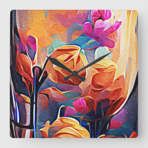 Floral Abstract Kunst Oranje Rode Blauwe Bloemen Vierkante Klok