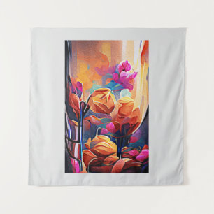Floral Abstract Kunst Oranje Rode Blauwe Bloemen Wandkleed