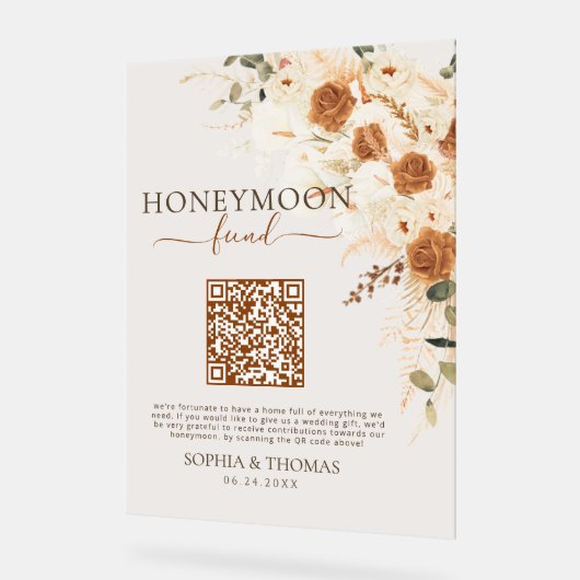 Floral Acrylique Honeymoon Fund QR Code Mariage (Angle)