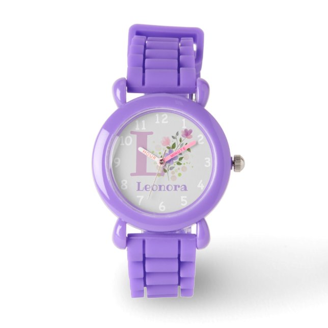 Floral Afbeelding met cijfers, naam en Initiaal Horloge (Voorkant)