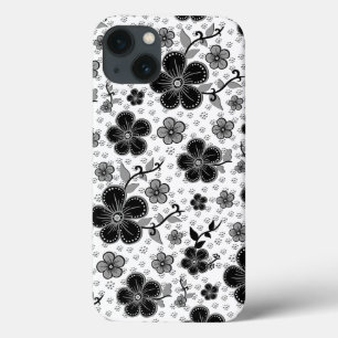 Floral afdrukken in zwart-wit iPhone 13 hoesje