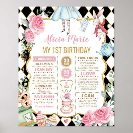 Floral Alice in Wonderland 1st Birthday Milestone Poster (Voorkant)