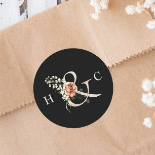 Floral Ampersand Elegant Wedding Monogram Black Ronde Sticker