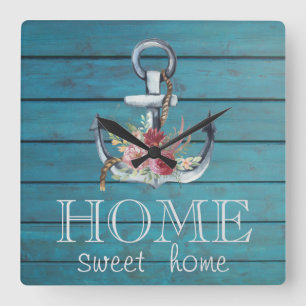Floral Anchor,Hout,Home Sweet Home Vierkante Klok
