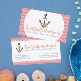 Floral Anchor Nautical Faith Navy & Coral Chevron Visitekaartje