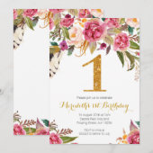 Floral and Gold First Birthday Invitation Kaart (Voorkant / Achterkant)