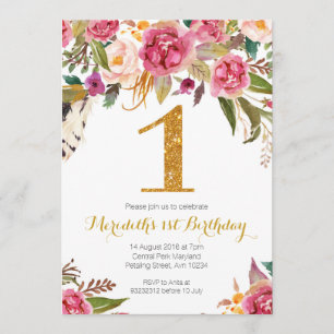 Floral and Gold First Birthday Invitation Kaart