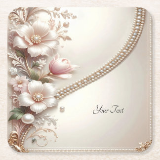 Floral and Pearl Embellishments Paper Coaster Vierkante Kartonnen Onderzetter