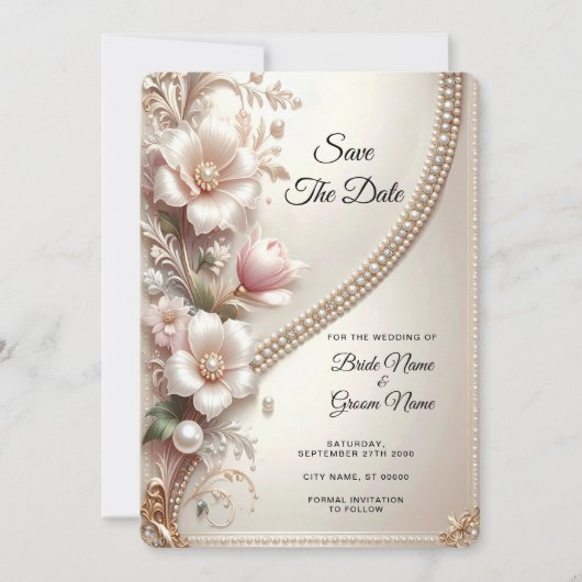 Floral and Pearl Embellishments Save The Date (Devant)