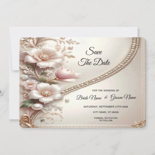 Floral and Pearl Embellishments Save The Date (Devant)