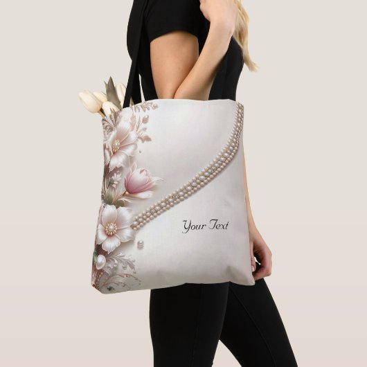Floral and Pearl Embellishments Tote Bag (De près)