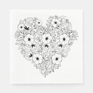 Floral Anemone Black en WHite Heart Flower Wedding Servet