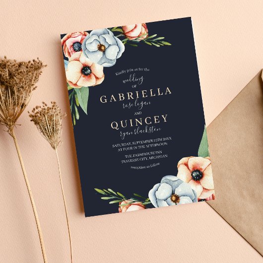 Floral Anemone Greenery Wreath Wedding Kaart