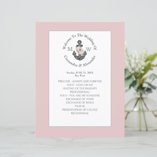 Floral Anker Nautische Bruiloft Dusty Roos program (Staand voorkant)