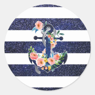 Floral ankerpunt op gestreepte achtergrond ronde sticker