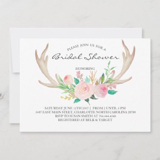 Floral antler boho Shower Invitation Kaart (Voorkant)