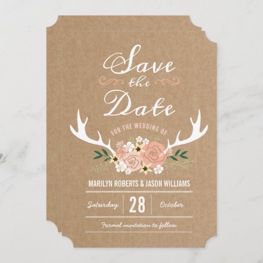 Floral Antlers sparen de Datum Save The Date (Voorkant / Achterkant)