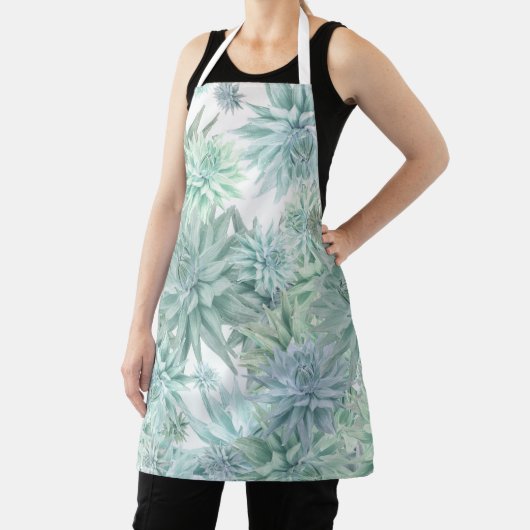 Floral Apron – Soft Blues & Greens on White Schort (Insitu)