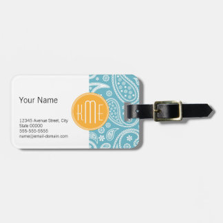 Floral Aqua Blue Paisley Pattern & Yellow Monogram Bagagelabel