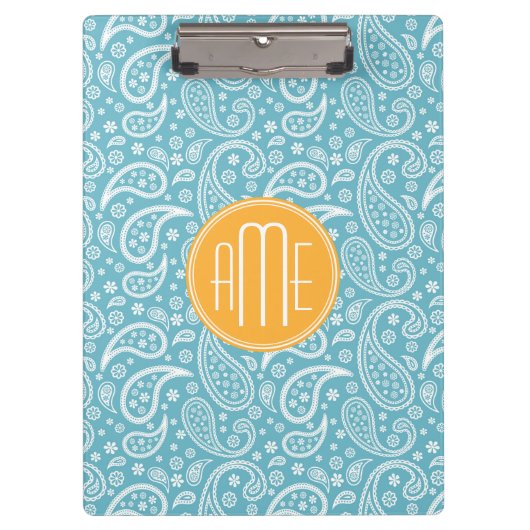 Floral Aqua Blue Paisley Pattern & Yellow Monogram Klembord (Voorkant)