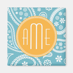 Floral Aqua Blue Paisley Pattern & Yellow Monogram Magneet