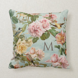 Floral Aqua Mint Roos  Elegant Monogram Kussen