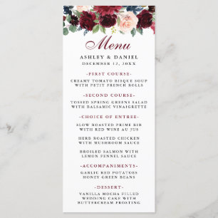 Floral Aquarelle Bourgogne Bleu Menu Mariage