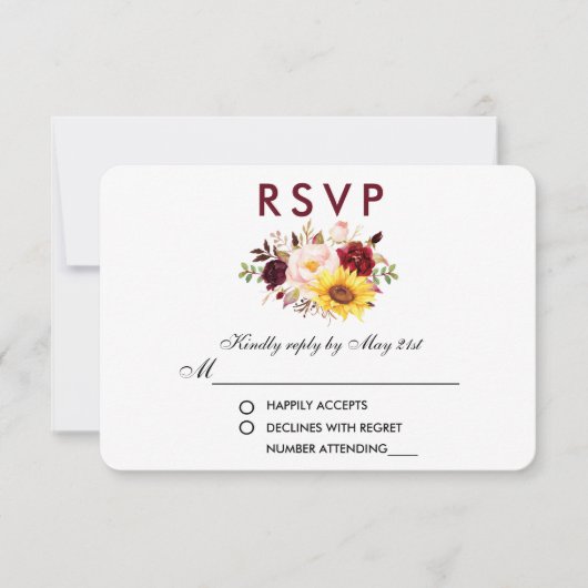 Floral Aquarelle Bourgogne Mariage RSVP (Devant)