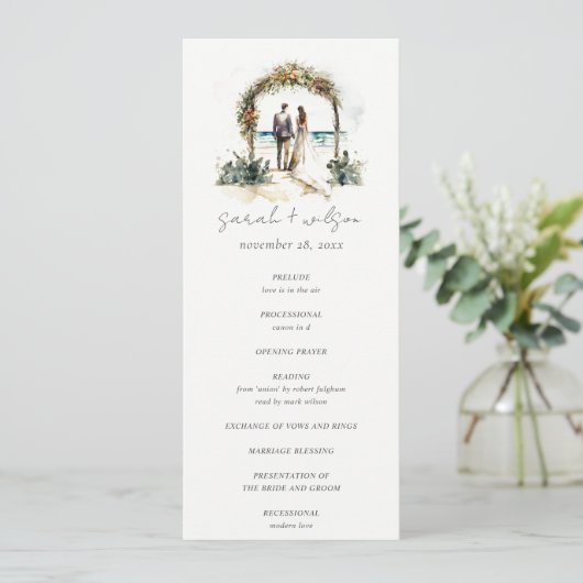 Floral Arch Sand Beach Seascape Wedding Programme (Debout devant)