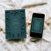 Floral Art Deco Donker Turquoise bruiloft uitnodig Kaart