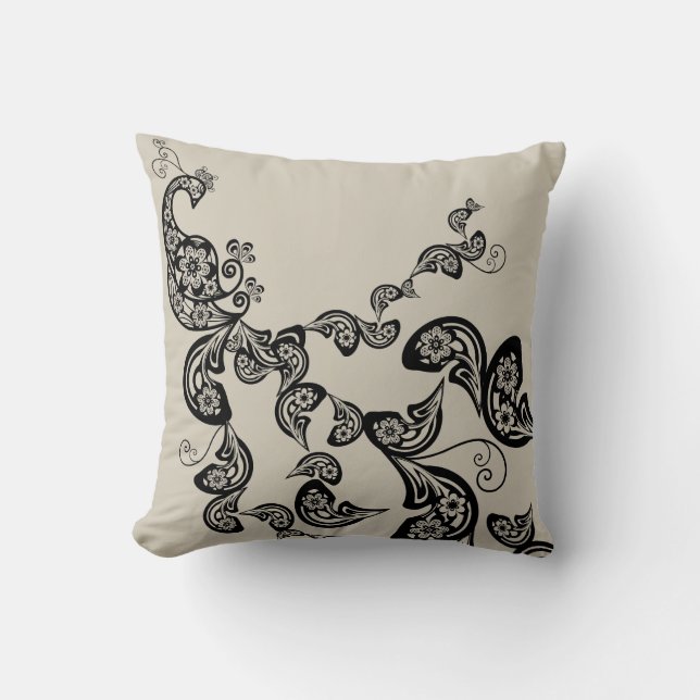 Floral Art Deco Peacock Pattern Black Art Cushion Kussen (Voorkant)