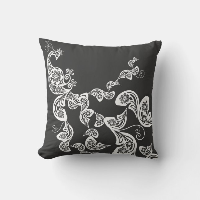 Floral Art Deco Peacock Pattern White Art Cushion Kussen (Voorkant)