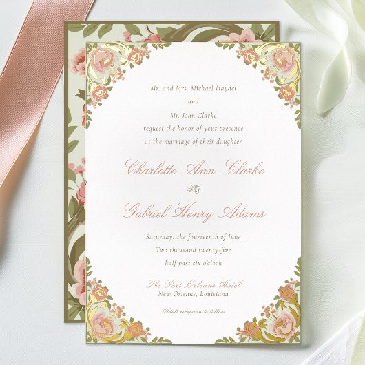 Floral Art Déco Sage Green Foil Invitation