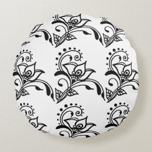 Floral Art noir et blanc réversible Coussin rond