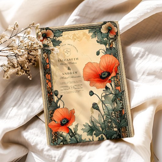 Floral Art Nouveau Poppy Wedding Kaart
