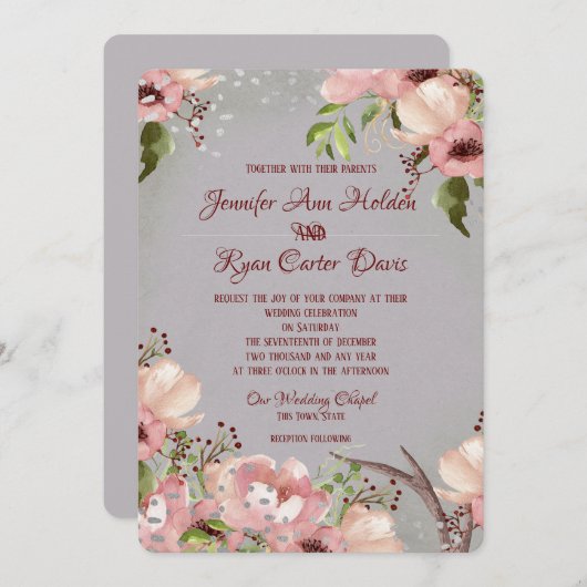 Floral avec Faire-part de mariage d'aquarelle Antl (Devant / Derrière)