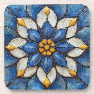 Floral Azulejo blauw wit en geel Bier Onderzetter