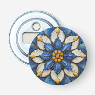 Floral Azulejo blauw wit en geel Button Flesopener