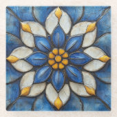 Floral Azulejo blauw wit en geel Glazen Onderzetter (Voorkant)