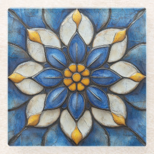Floral Azulejo blauw wit en geel Glazen Onderzetter